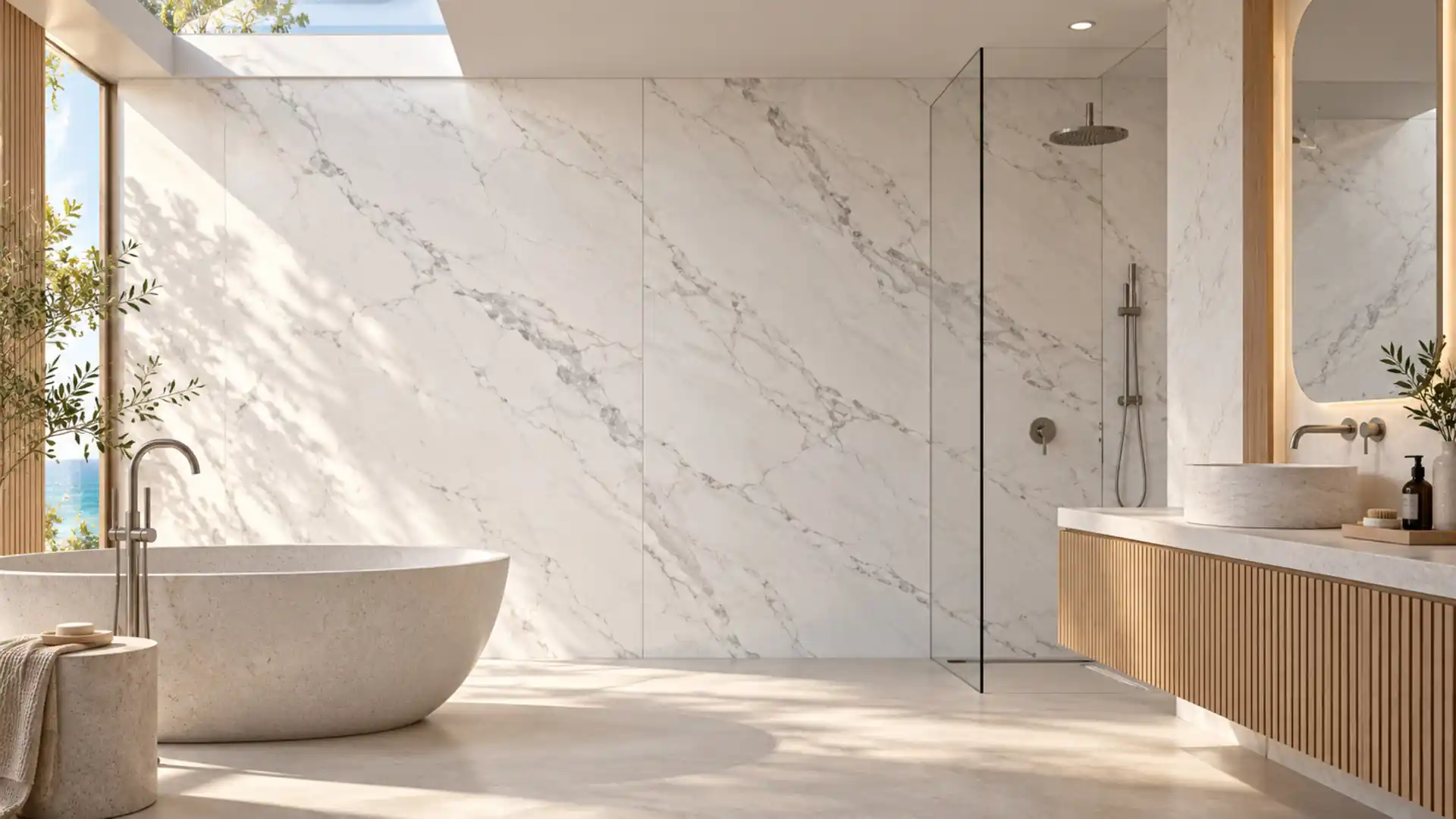 Large format marble-effect wall sheet interior
