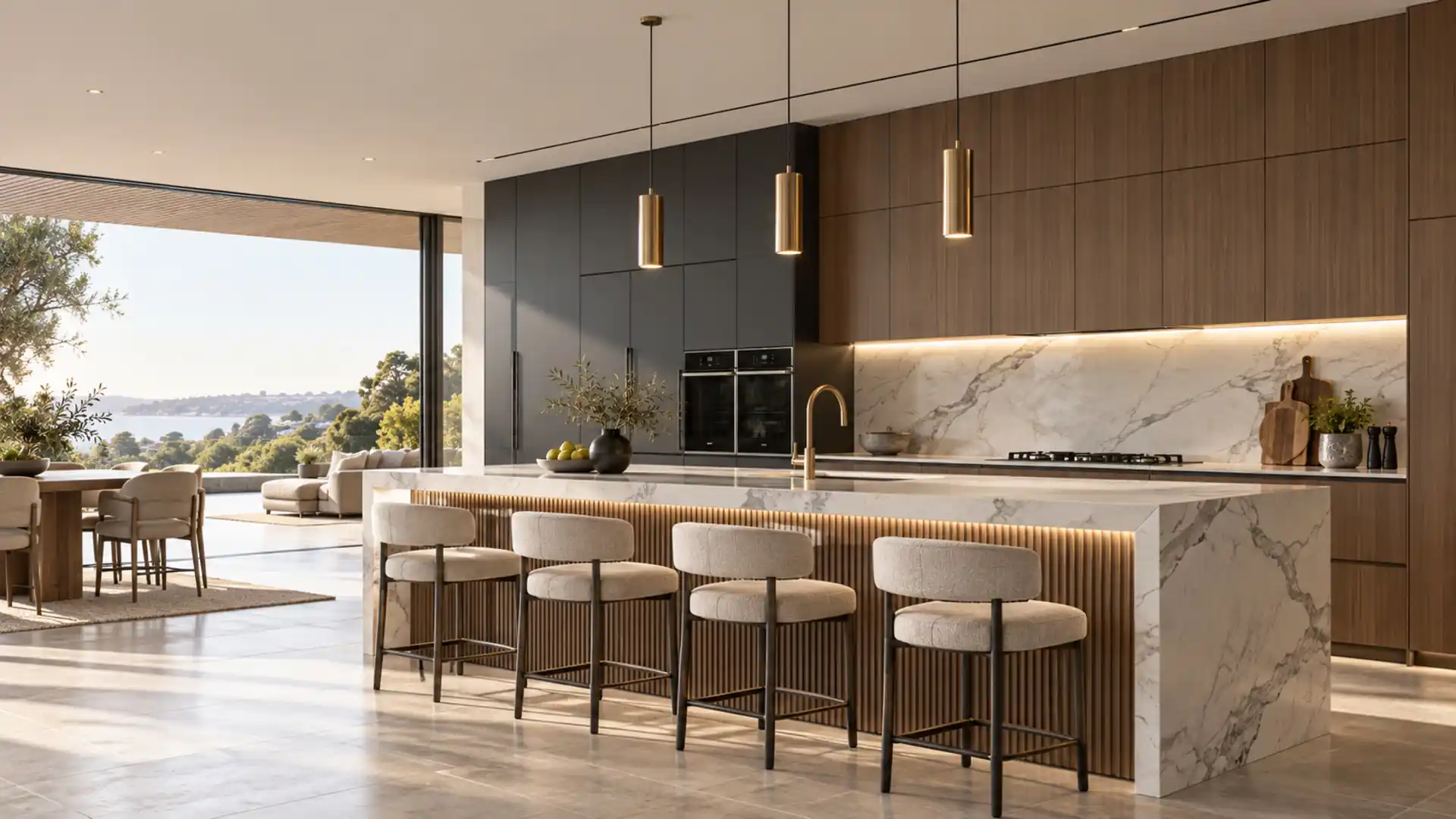 Bespoke contemporary kitchen with stone benchtop and timber cabinetry
