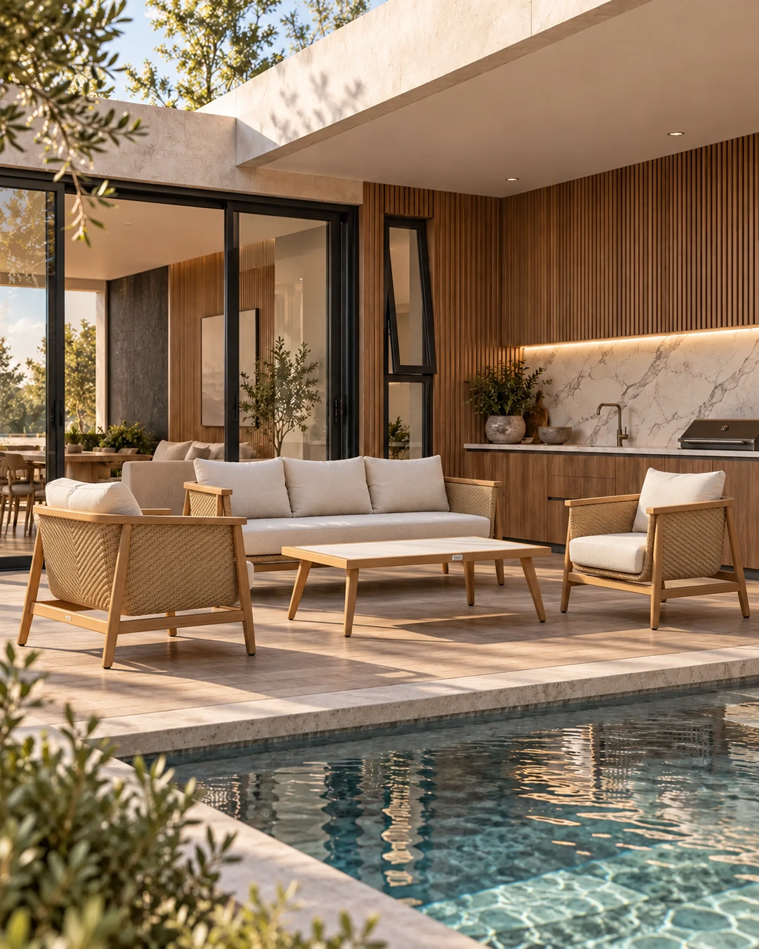 Outdoor furniture collection in a courtyard beside a pool